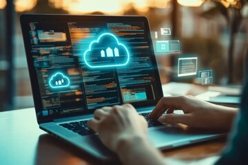 A person interacting with cloud storage on a laptop screen.