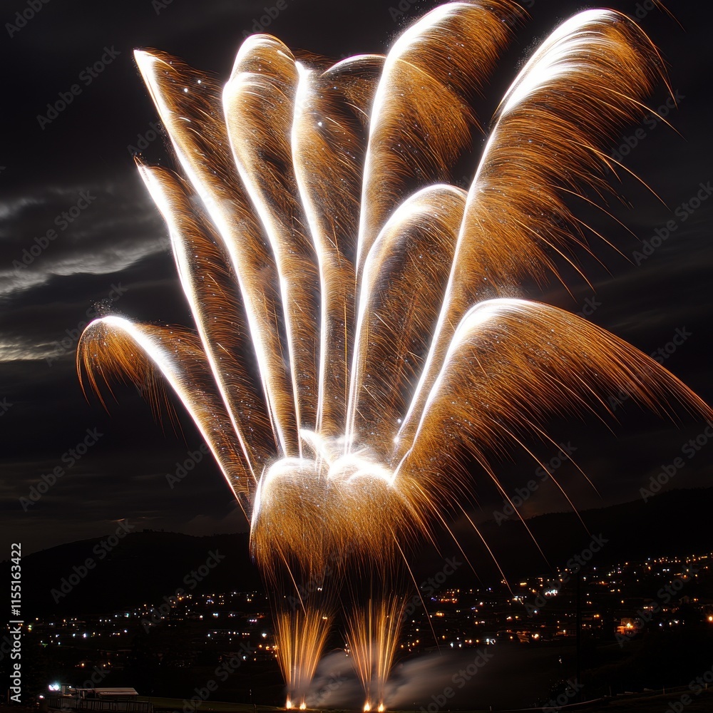 Poster spectacular fireworks display lighting up the night sky with vibrant colors and intricate patterns.