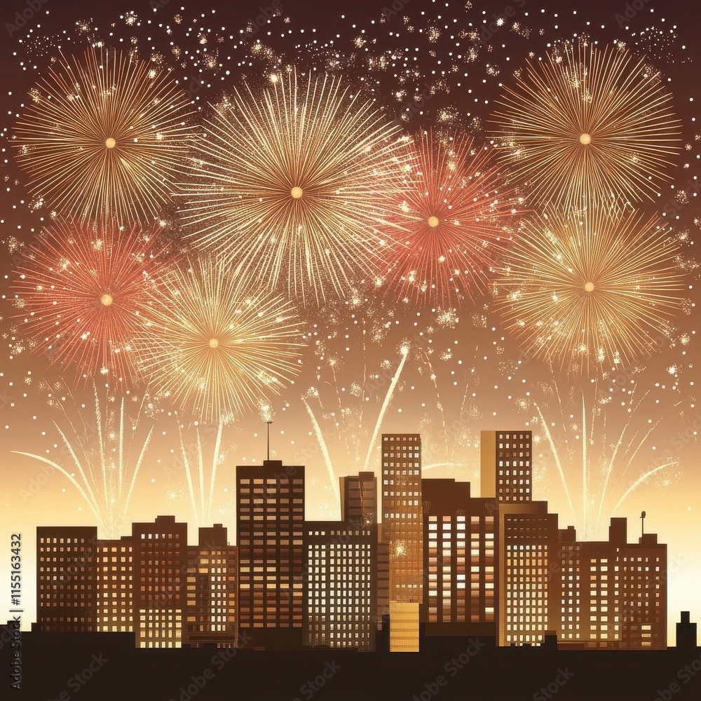 Poster spectacular fireworks display over a city skyline at night, creating a festive and colorful atmosphe