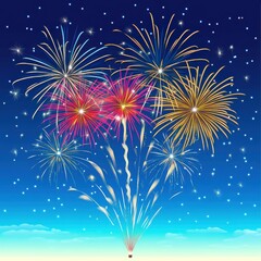 Naklejka premium Vibrant fireworks display in a night sky, showcasing colorful bursts of light against a deep blue background.