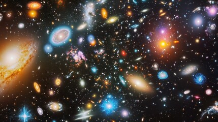 Obraz premium A vibrant image depicting a vast expanse of space filled with countless galaxies, stars, and nebulae in various colors and shapes.