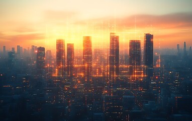 Fototapeta premium Sunset cityscape with digital overlay.