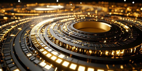 Obraz premium Abstract swirling black and gold metallic concentric circles.
