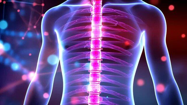 Visualization of human spine highlighting neural connections and structures in a modern digital art style
