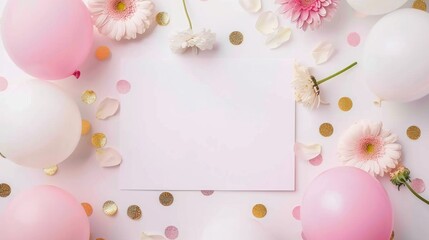 Pink and Gold Celebration: Festive Balloons, Flowers, and Confetti