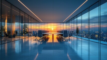 Modern office with a panoramic view of a sunset over a city skyline.