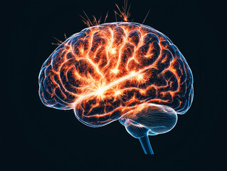 Brain diseases. Alzheimer's rehabilitation. Therapy mental health. A glowing brain with light sparks, representing creativity and intelligence.