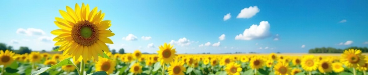 Obraz premium A beautiful sunflower grows in the middle of a vast field under the brilliant blue clear sky with just a few white clouds, isolated, field