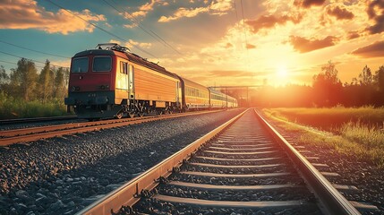 Obraz premium Train at Sunset. Scenic Railroad Journey. Transportation Concept.
