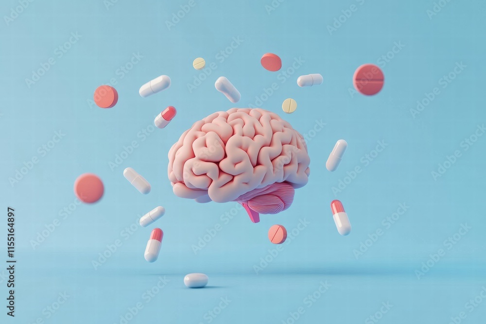 Leinwandbilder human brain 3d model surrounded by various colorful pills on a blue background showcasing health and