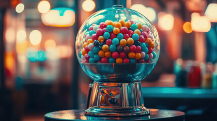 A gumball machine sits prominently, filled with an array of bright candies. The warm evening lighting creates a nostalgic atmosphere. Nearby, blurred lights add to the ambiance.
