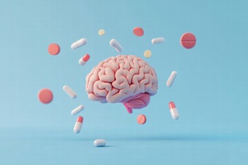 Human brain 3D model surrounded by various colorful pills on a blue background showcasing health and wellness concepts. Generative AI