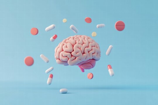 Human brain 3D model surrounded by various colorful pills on a blue background showcasing health and wellness concepts. Generative AI