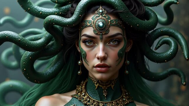 Beautiful concept art portrayal of the Greek Goddess Medusa in green tones