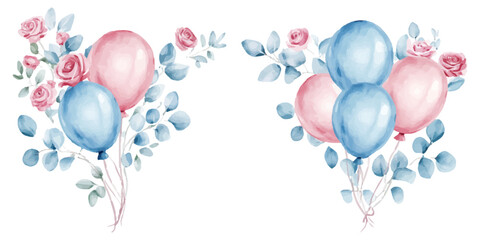 watercolor vector illustration of pink and blue balloons with eucalyptus leaves and roses on a white background