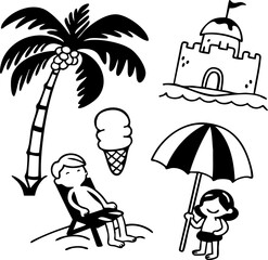 Playful Summer Doodles Set: Beach and Tropical Elements, Coconut doodles set.