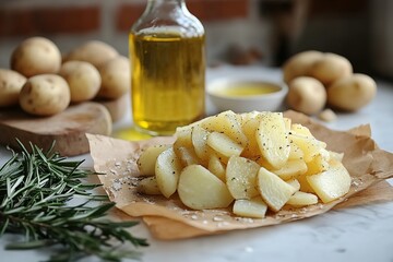 A jar of oil sits next to a pile of potatoes