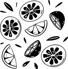 Orange juicy, Orange clip art doodles, Orange doodle set, black and white illustrations.