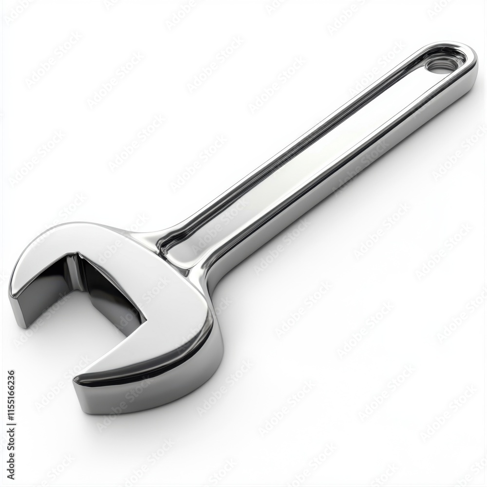 Poster shiny adjustable wrench resting on a plain surface showcasing its sleek design and functionality for