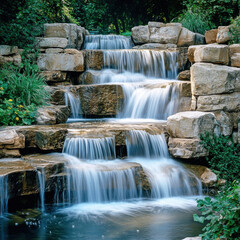 Naklejka premium Flowing water cascades gracefully over natural stone steps in a serene setting surrounded by lush greenery