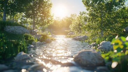 Naklejka premium Serene sunset over a flowing stream in a lush green landscape.