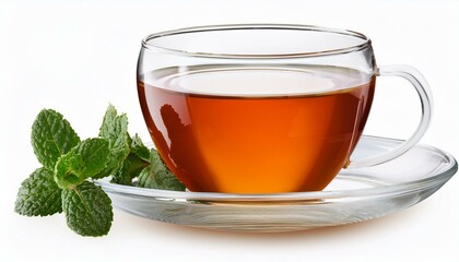 Fresh mint garnishes aromatic tea with an amber-colored brew, presented in a glass cup and saucer, isolated on white.