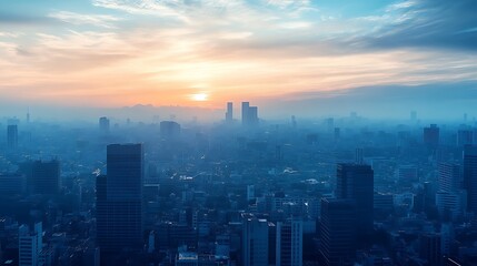 Fototapeta premium Sunrise over a hazy cityscape. Concept of urban life, pollution, and modern architecture.