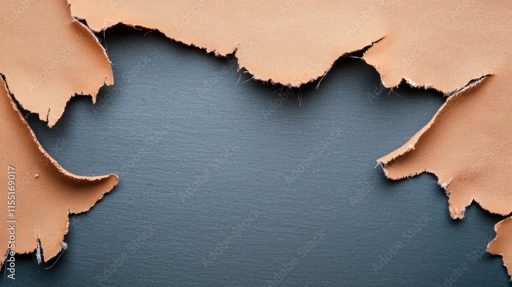 Aufkleber defects on pieces of work concept, torn fabric surface with visible threads and wear, natural textur