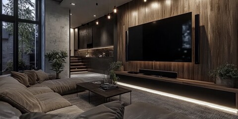 Contemporary living room designed for entertainment.