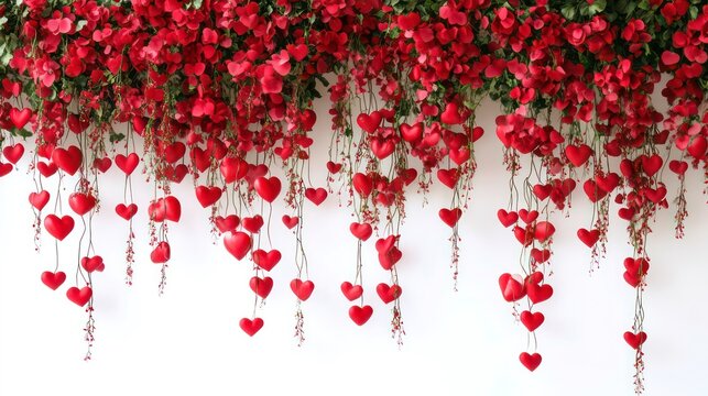 Red heart decorations hanging from a wall of red flowers, creating a romantic and festive backdrop.
