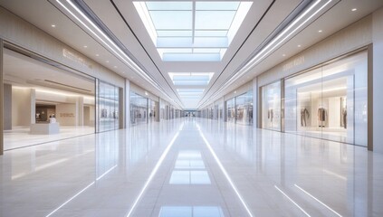 Empty shopping mall showcases sleek, modern architecture.