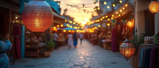 Illuminated evening street market.