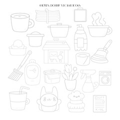 CHORES, Doodle vector icons. Home Works Doodle Icons Clipart, Hand Drawn Line Art Design Set Artwork 