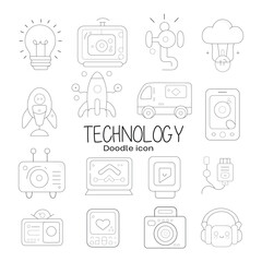 TECHNOLOGY, Doodle icon vector. Tech Machine Computer Industry Art Cartoon Doodle Icons Clipart. Set 