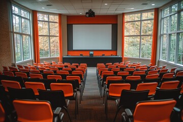 Empty Auditorium with Orange Chairs and Large Windows