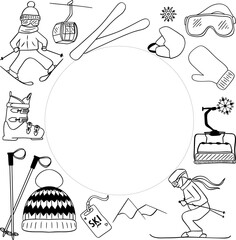 Winter sports background with ski equipment elements in circle with space for text. Vector Winter activities frame with snowboarding, skiing equipment and other icons in graphic line art design.