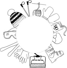 ski sport  vector logo illustration template circle round frame icon graphic line design. ski goggles ski stick symbol or sign for winter sport shop or business with retro typography style