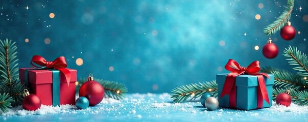 A Christmas-themed background with blue and red gifts in the center, blue, festive