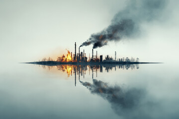 A silhouetted industrial landscape with smoke and fire reflects in calm waters, symbolizing environmental degradation and industrialization.