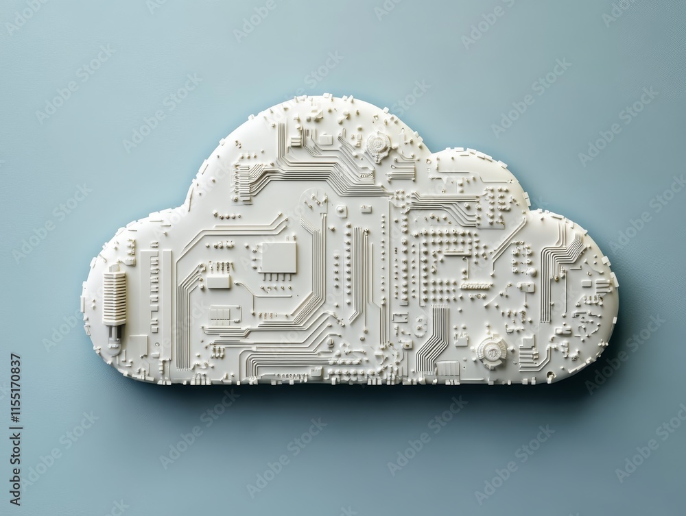 Poster 3d render of a modern cloud technology icon with a circuit board design on a blue digital background