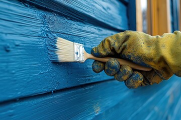 A person is painting a blue wall with a brush