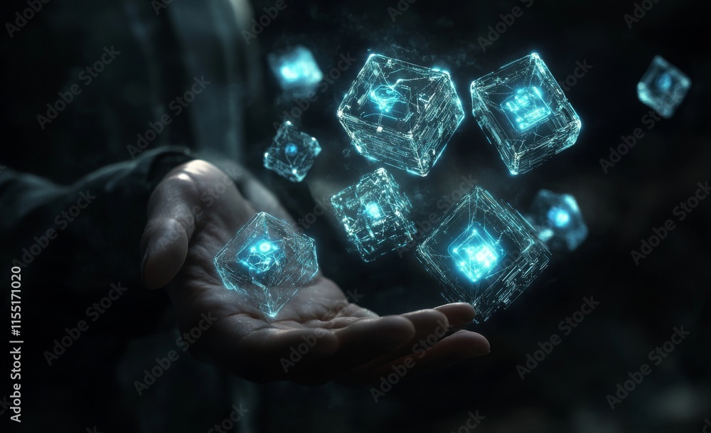 Poster digital transformation and blockchain technology visualized through glowing blue cubes in a business