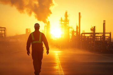 A silhouetted worker walks towards a glowing sunset in an industrial landscape, showcasing a blend of nature and industry.
