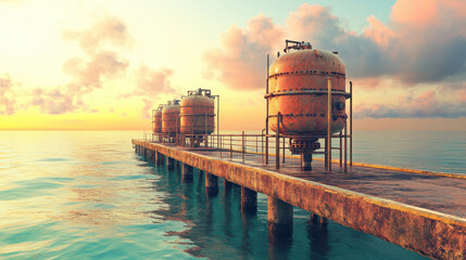 Obraz premium A serene pier extends into calm waters, featuring several cylindrical structures under a colorful sky at sunset.