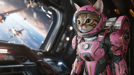 Adorable tabby kitten astronaut in pink spacesuit gazing out spaceship window at Earth and spacecrafts.