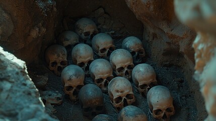 Obraz premium Numerous skulls lie in a dark, earthy cave.