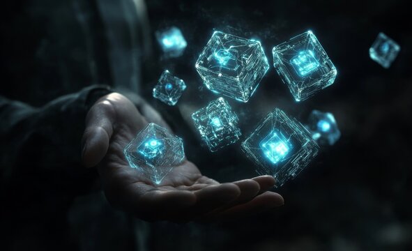 Digital transformation and blockchain technology visualized through glowing blue cubes in a business environment