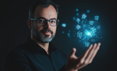 Obraz premium Futuristic AI platform with a businessman presenting a digital hologram of cubes and glowing blue icons