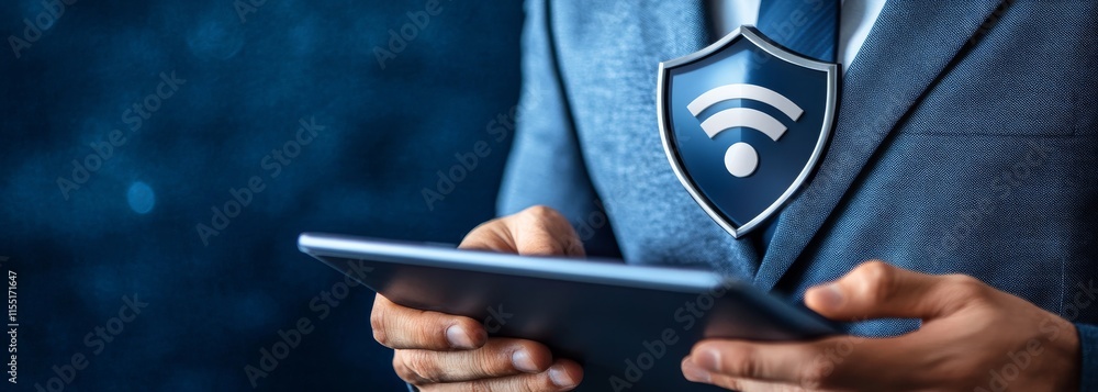 Poster businessman interacting with digital security interface, showcasing advanced technology and network 