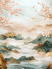 Jade Chinese landscape with mountains, sakura and river. Delicate texture. Subtle gold plating effect.	